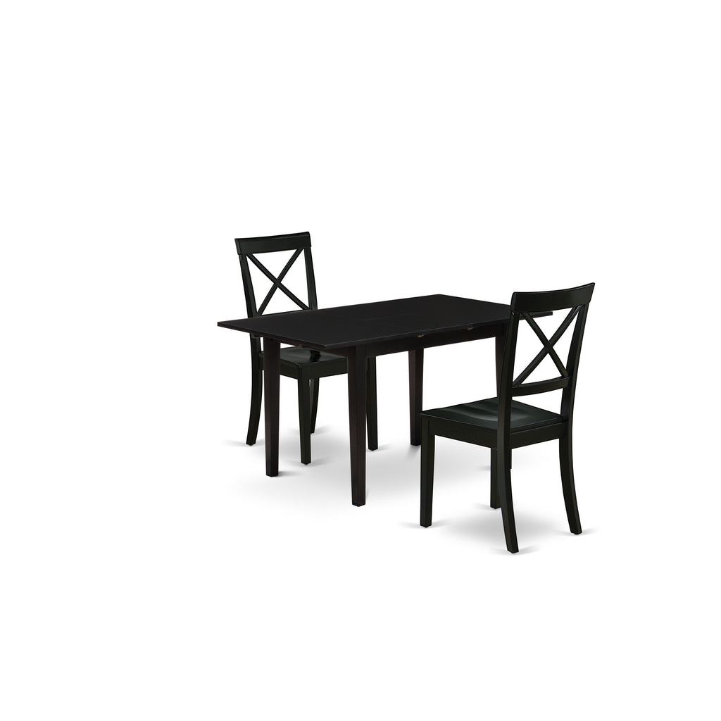 East West Furniture NOBO3-BLK-W 3 Piece Modern Dining Table Set Contains a Rectangle Wooden Table with Butterfly Leaf and 2 Kitchen Dining Chairs, 32x54 Inch, Black