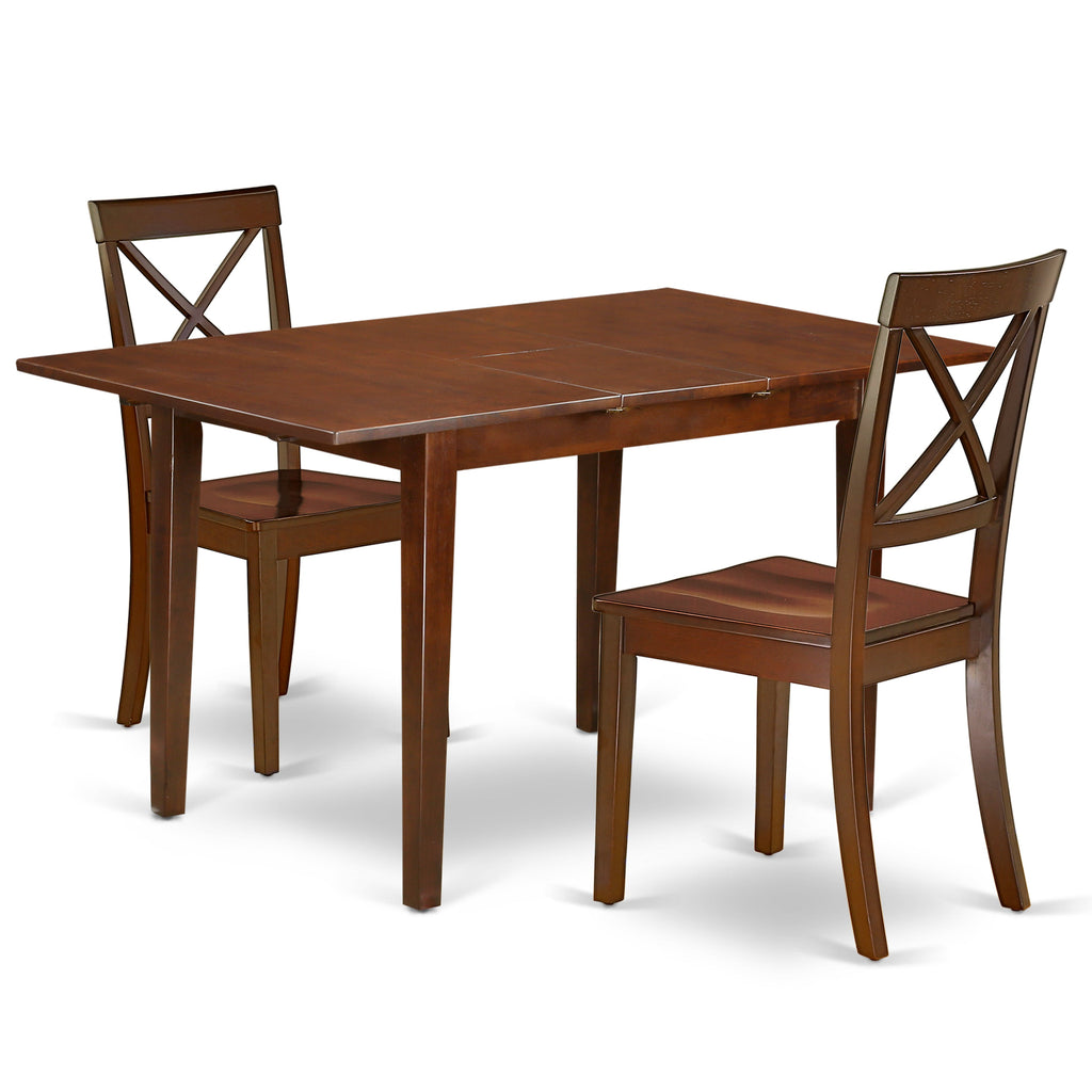 East West Furniture NOBO3-MAH-W 3 Piece Kitchen Table & Chairs Set Contains a Rectangle Dining Room Table with Butterfly Leaf and 2 Solid Wood Seat Chairs, 32x54 Inch, Mahogany