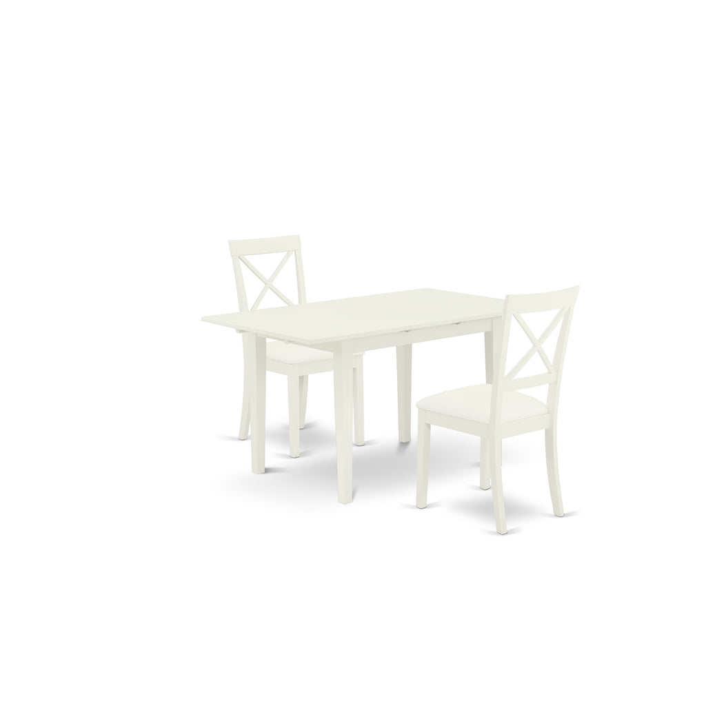 East West Furniture NOBO3-WHI-LC 3 Piece Kitchen Table & Chairs Set Contains a Rectangle Dining Table with Butterfly Leaf and 2 Faux Leather Dining Room Chairs, 32x54 Inch, Linen White