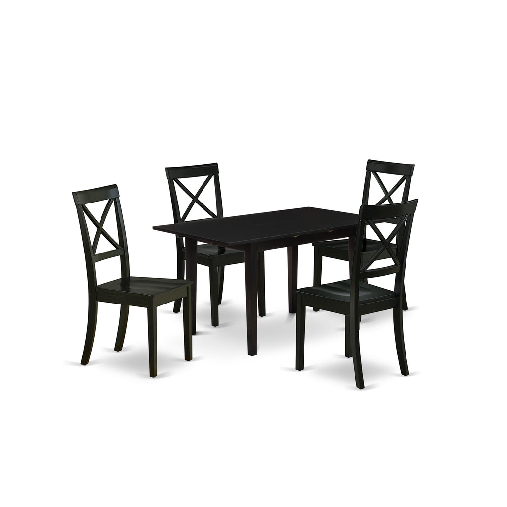 East West Furniture NOBO5-BLK-W 5 Piece Dining Table Set for 4 Includes a Rectangle Kitchen Table with Butterfly Leaf and 4 Dinette Chairs, 32x54 Inch, Black