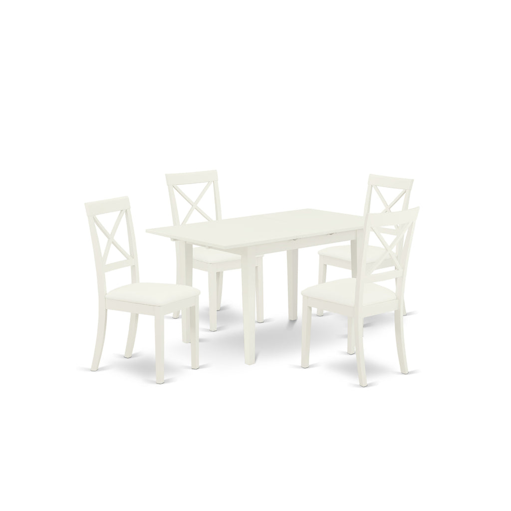 East West Furniture NOBO5-WHI-LC 5 Piece Modern Dining Table Set Includes a Rectangle Wooden Table with Butterfly Leaf and 4 Faux Leather Upholstered Chairs, 32x54 Inch, Linen White