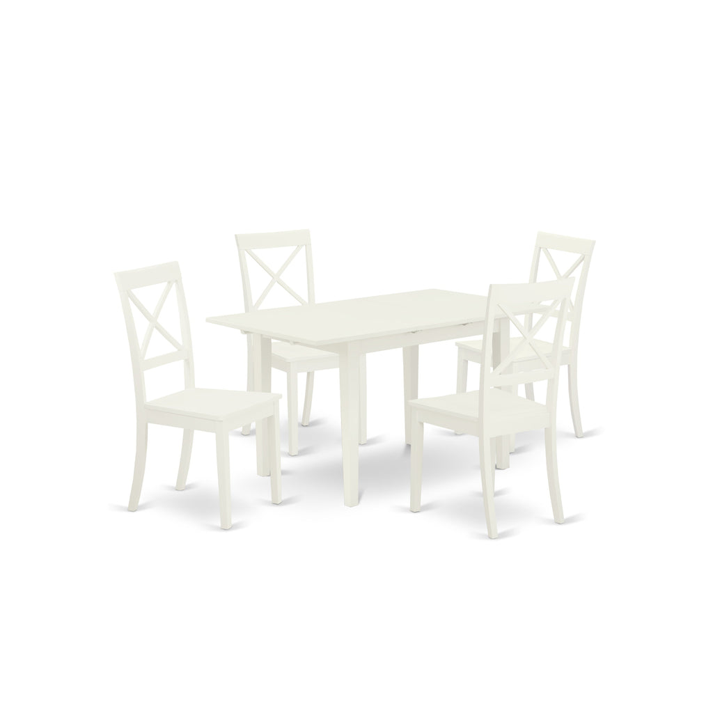 East West Furniture NOBO5-WHI-W 5 Piece Dining Table Set for 4 Includes a Rectangle Kitchen Table with Butterfly Leaf and 4 Dinette Chairs, 32x54 Inch, Linen White