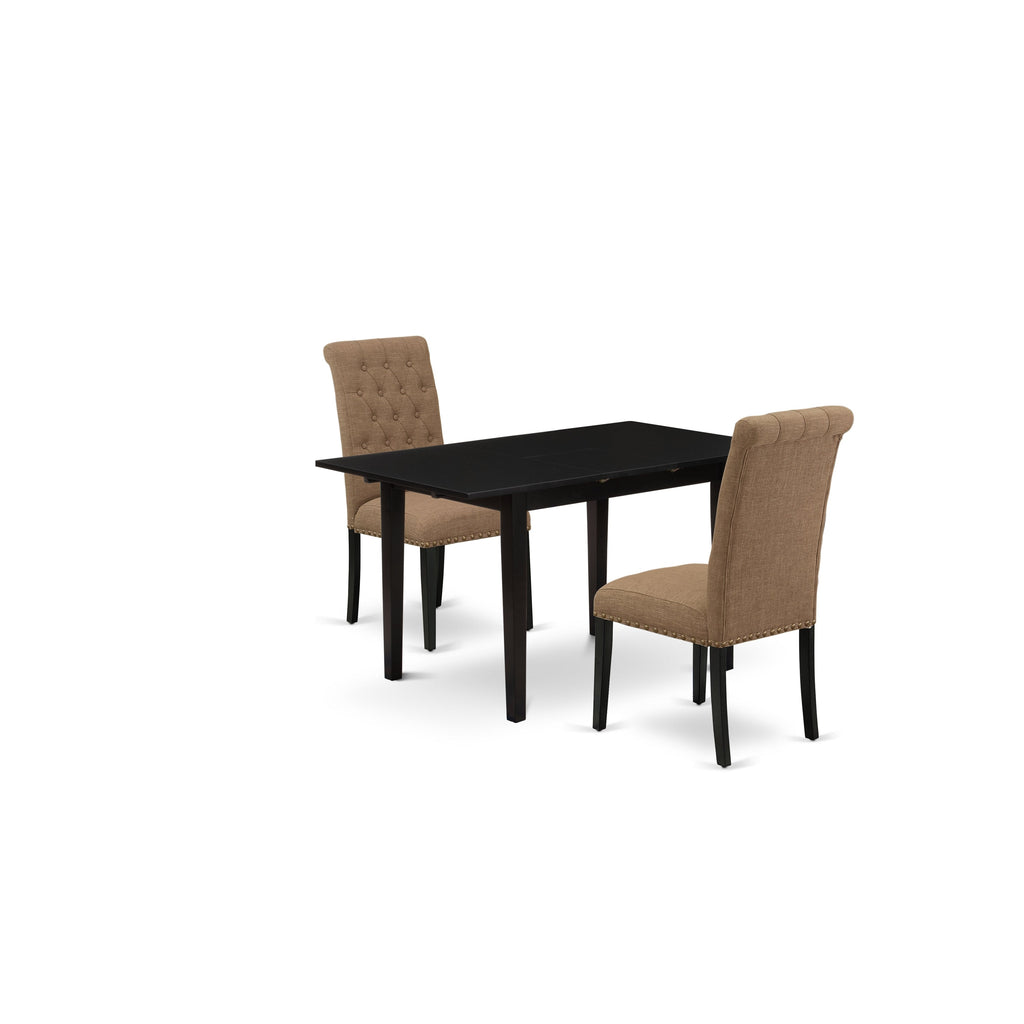 East West Furniture NOBR3-BLK-17 3 Piece Dining Room Table Set Contains a Rectangle Kitchen Table with Butterfly Leaf and 2 Light Sable Linen Fabric Parson Chairs, 32x54 Inch, Black