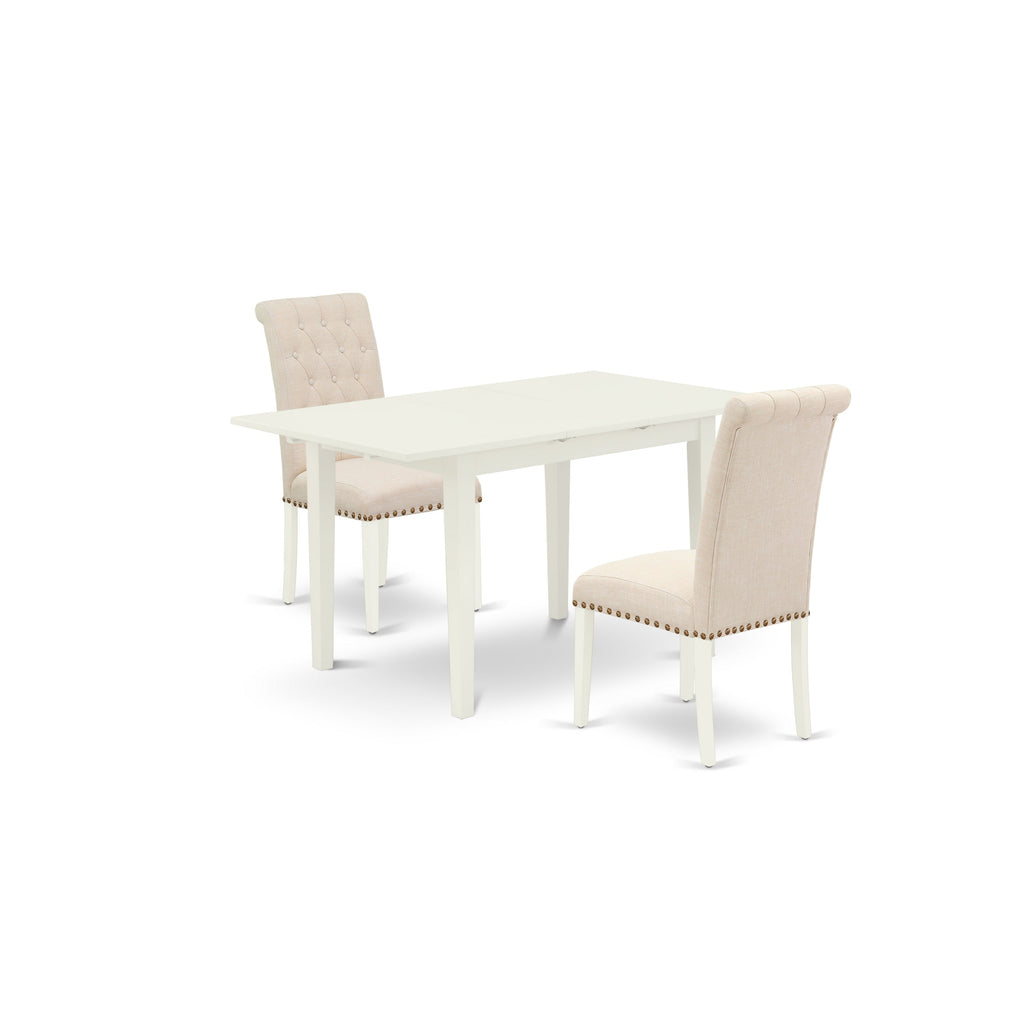 East West Furniture NOBR3-LWH-02 3 Piece Kitchen Table Set Contains a Rectangle Dining Room Table with Butterfly Leaf and 2 Light Beige Linen Fabric Parsons Chairs, 32x54 Inch, Linen White