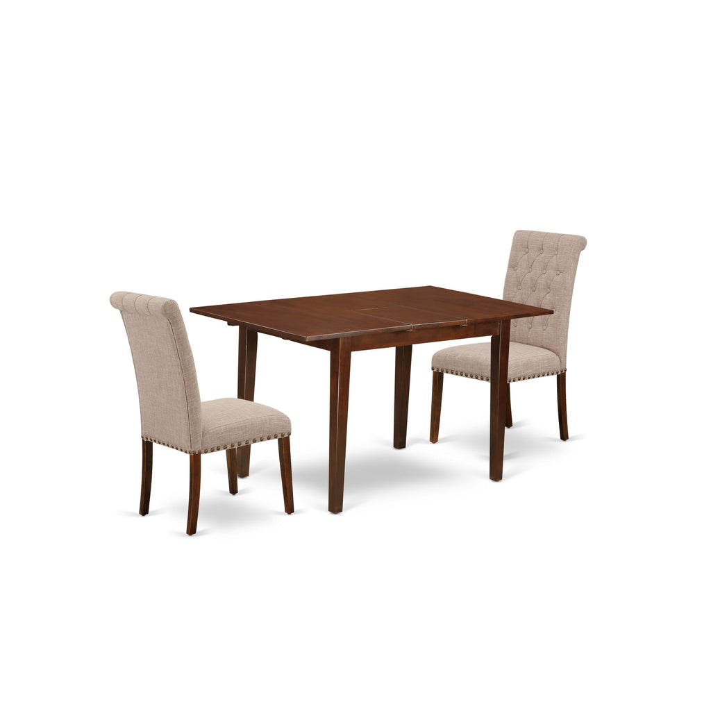 East West Furniture NOBR3-MAH-04 3 Piece Dining Room Table Set Contains a Rectangle Kitchen Table with Butterfly Leaf and 2 Light Tan Linen Fabric Parson Chairs, 32x54 Inch, Mahogany