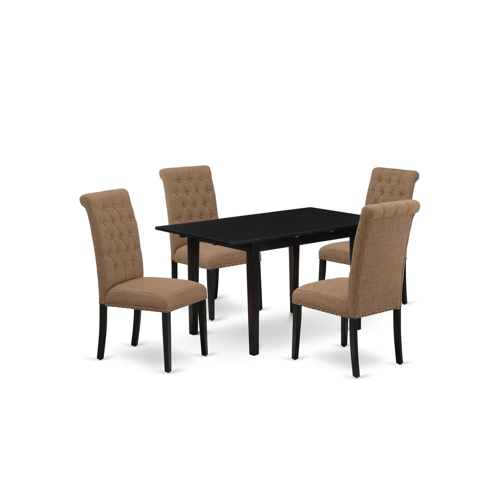 East West Furniture NOBR5-BLK-17 5 Piece Kitchen Set for 4 Includes a Rectangle Dining Room Table with Butterfly Leaf and 4 Light Sable Linen Fabric Parsons Chairs, 32x54 Inch, Black