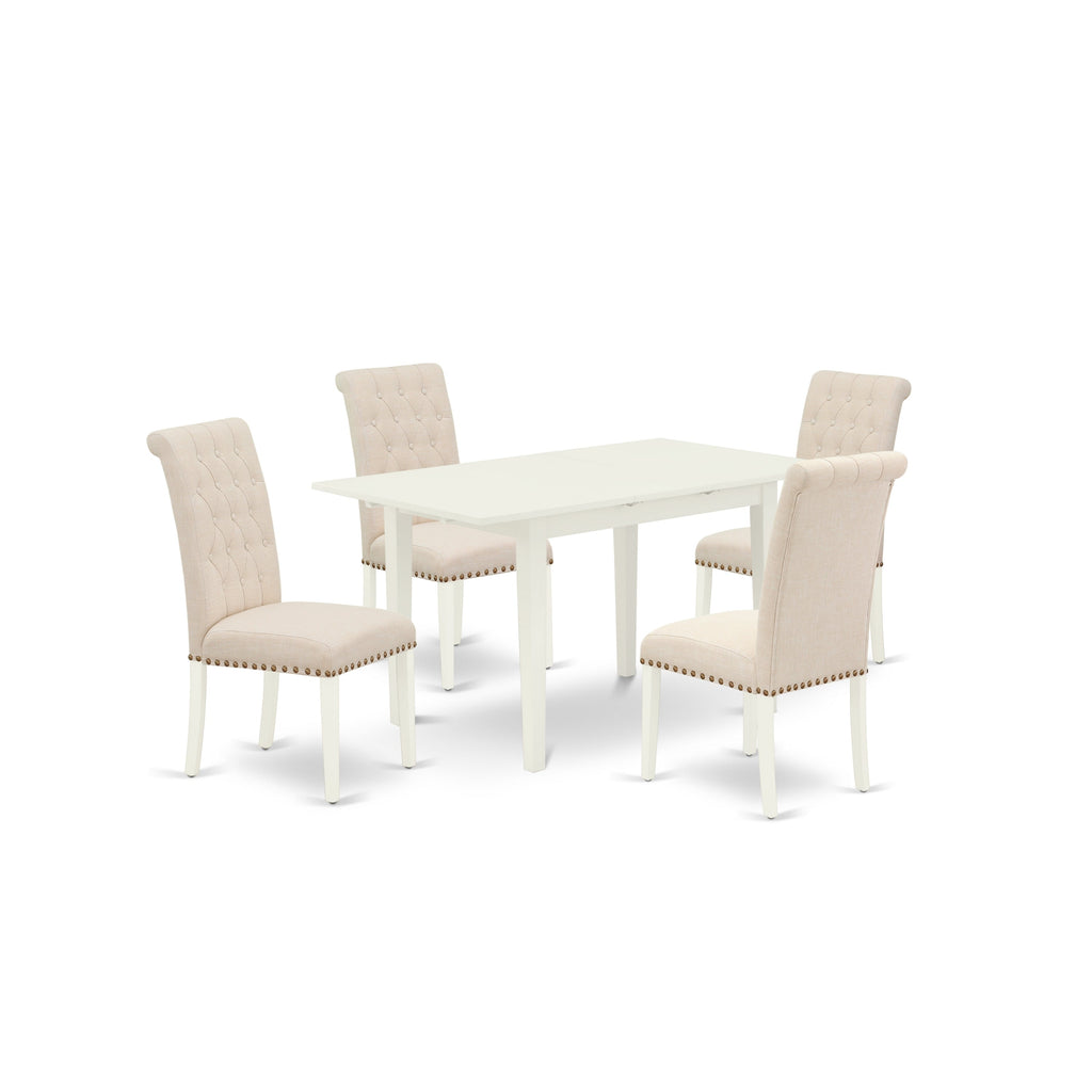 East West Furniture NOBR5-LWH-02 5 Piece Dining Table Set Includes a Rectangle Dining Room Table with Butterfly Leaf and 4 Light Beige Linen Fabric Parsons Chairs, 32x54 Inch, Linen White