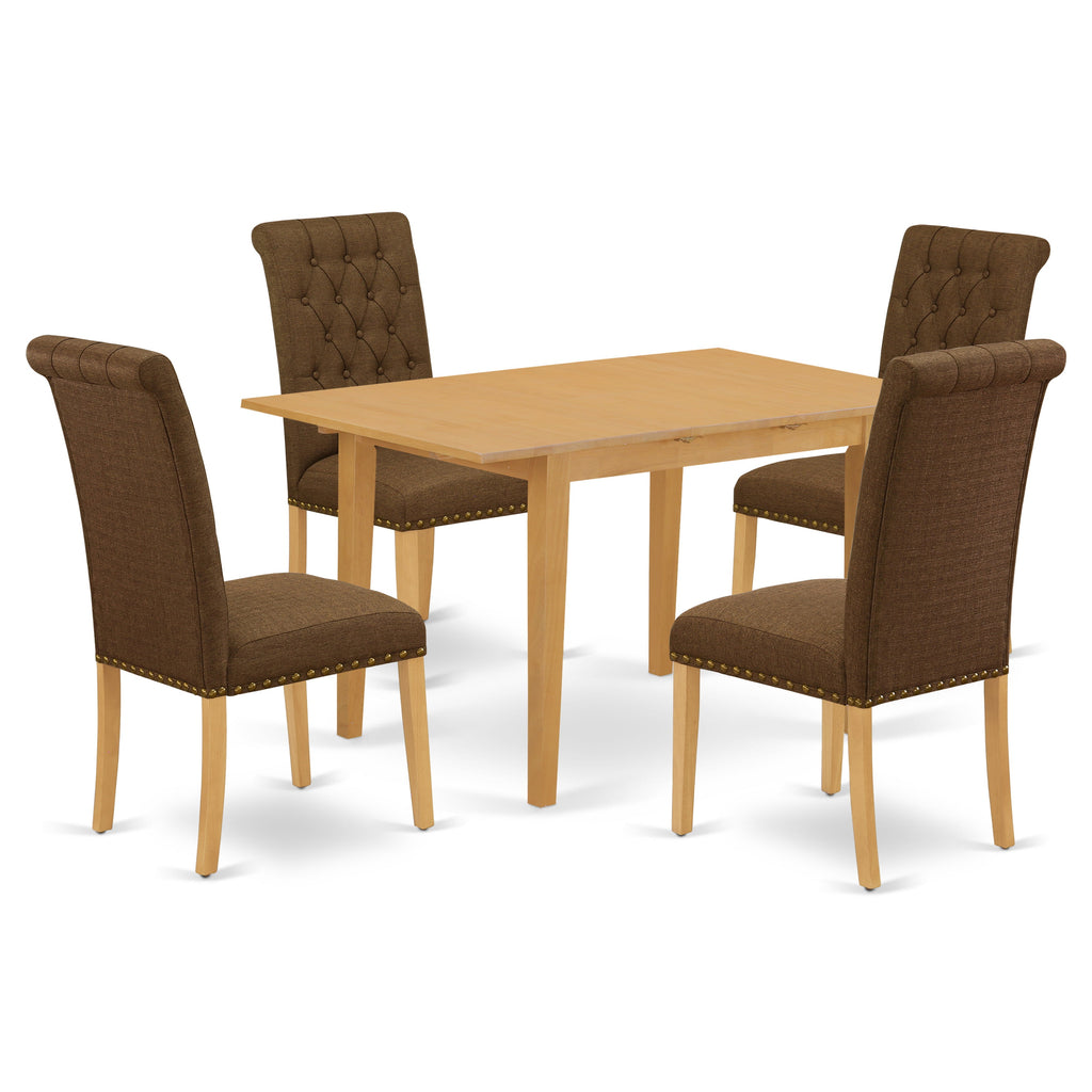 East West Furniture NOBR5-OAK-18 5 Piece Dining Room Table Set Includes a Rectangle Kitchen Table with Butterfly Leaf and 4 Brown Linen Linen Fabric Parson Chairs, 32x54 Inch, Oak