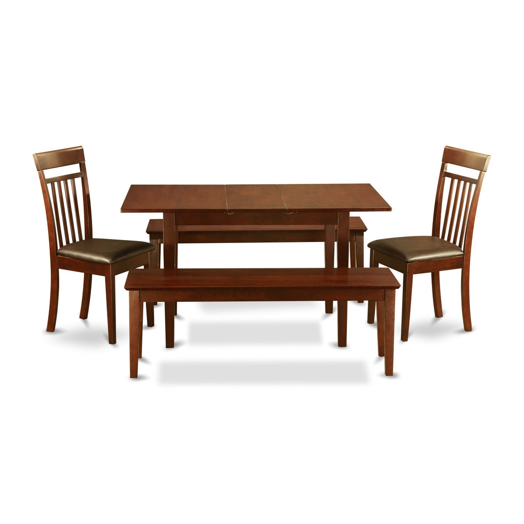 East West Furniture NOCA5C-MAH-LC 5 Piece Dining Set Includes a Rectangle Dining Table with Butterfly Leaf and 2 Faux Leather Kitchen Chairs with 2 Benches, 32x54 Inch, Mahogany