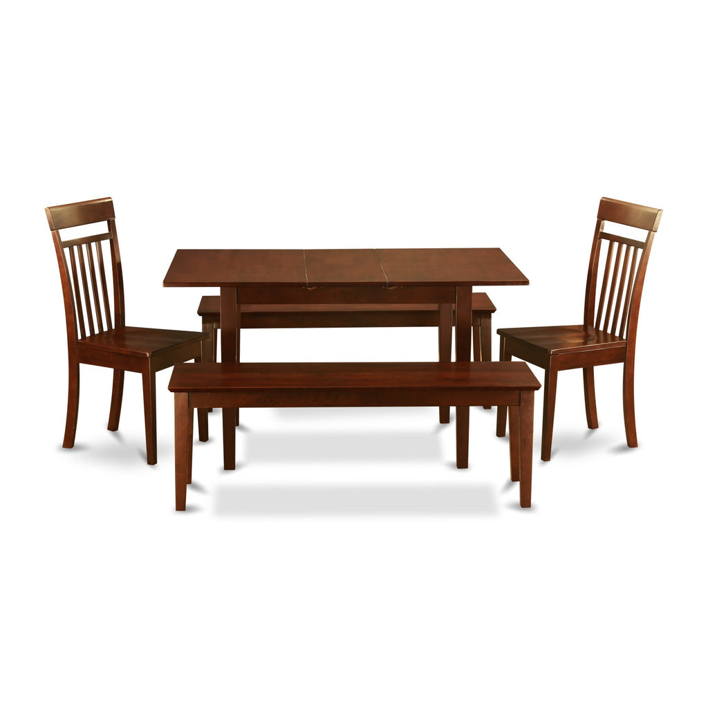 East West Furniture NOCA5C-MAH-W 5 Piece Dinette Set for 4 Includes a Rectangle Dining Table with Butterfly Leaf and 2 Dining Room Chairs with 2 Benches, 32x54 Inch, Mahogany