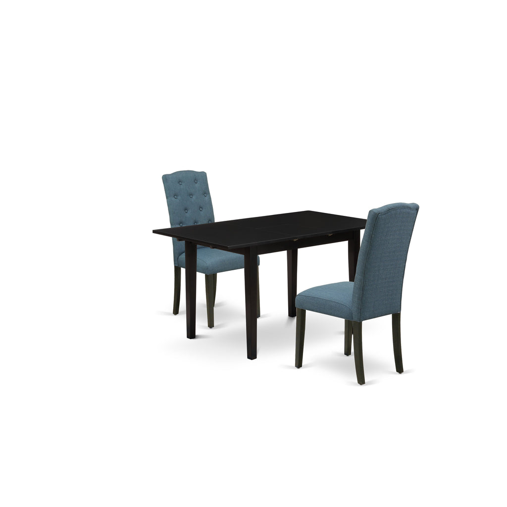 East West Furniture NOCE3-BLK-21 3 Piece Dining Table Set Contains a Rectangle Dining Room Table with Butterfly Leaf and 2 Mineral Blue Linen Fabric Parsons Chairs, 32x54 Inch, Black