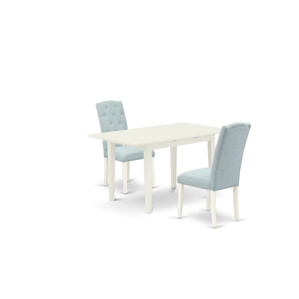 East West Furniture NOCE3-LWH-15 3 Piece Dining Table Set Contains a Rectangle Dining Room Table with Butterfly Leaf and 2 Baby Blue Linen Fabric Parsons Chairs, 32x54 Inch, Linen White