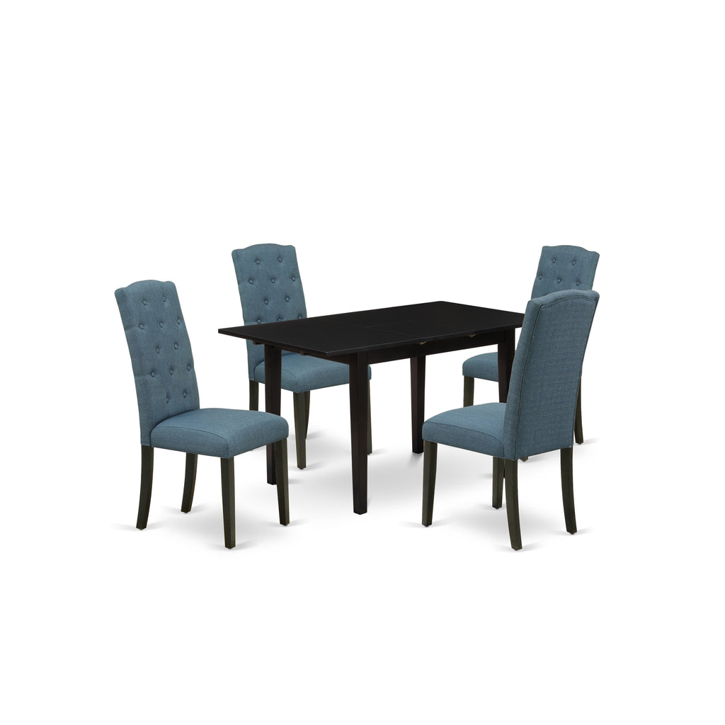 East West Furniture NOCE5-BLK-21 5 Piece Kitchen Table Set for 4 Includes a Rectangle Dining Table with Butterfly Leaf and 4 Mineral Blue Linen Fabric Parsons Chairs, 32x54 Inch, Black