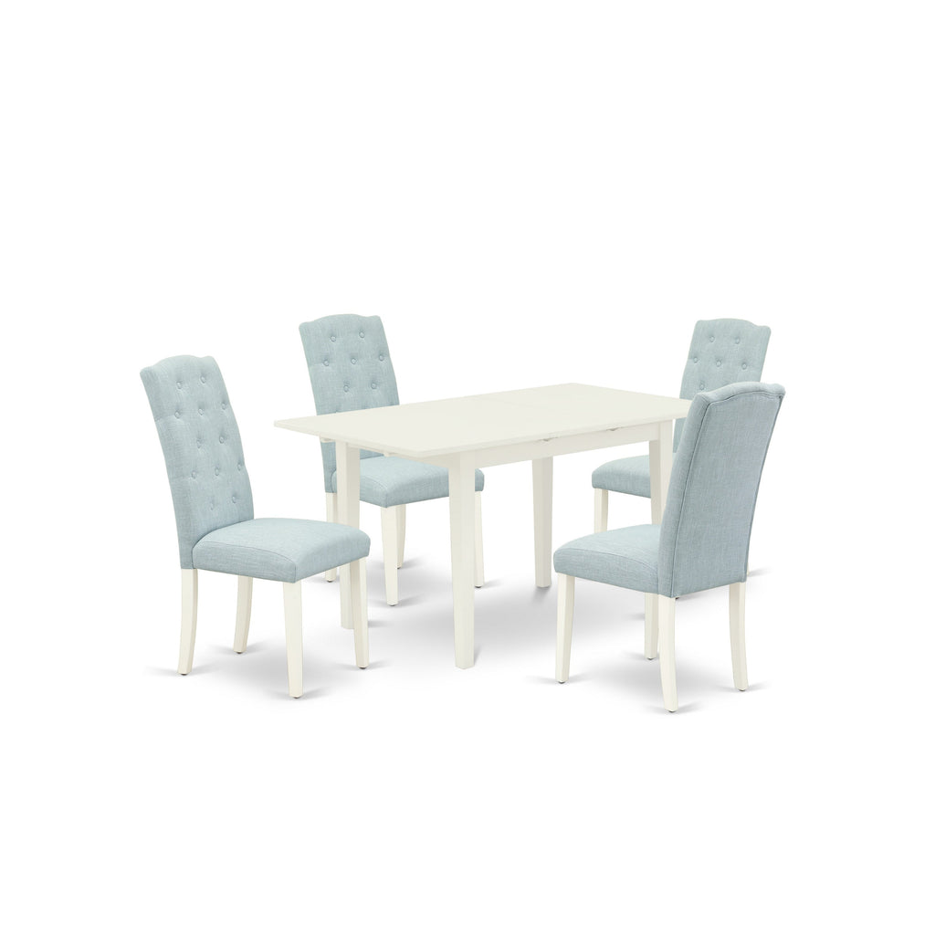 East West Furniture NOCE5-LWH-15 5 Piece Kitchen Table Set for 4 Includes a Rectangle Dining Table with Butterfly Leaf and 4 Baby Blue Linen Fabric Parson Chairs, 32x54 Inch, Linen White