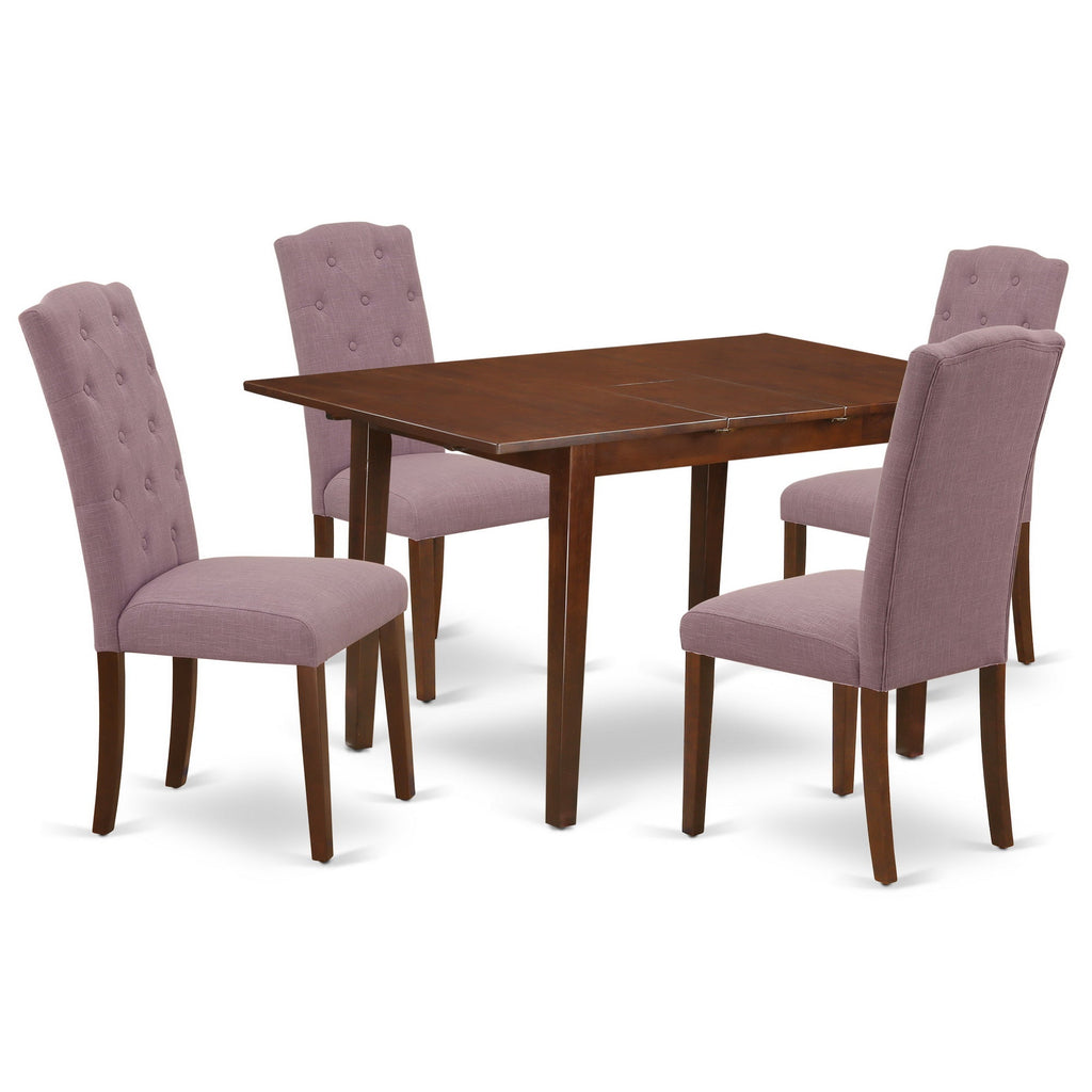 East West Furniture NOCE5-MAH-10 5 Piece Kitchen Table Set Includes a Rectangle Dining Room Table with Butterfly Leaf and 4 Dahlia Linen Fabric Upholstered Chairs, 32x54 Inch, Mahogany