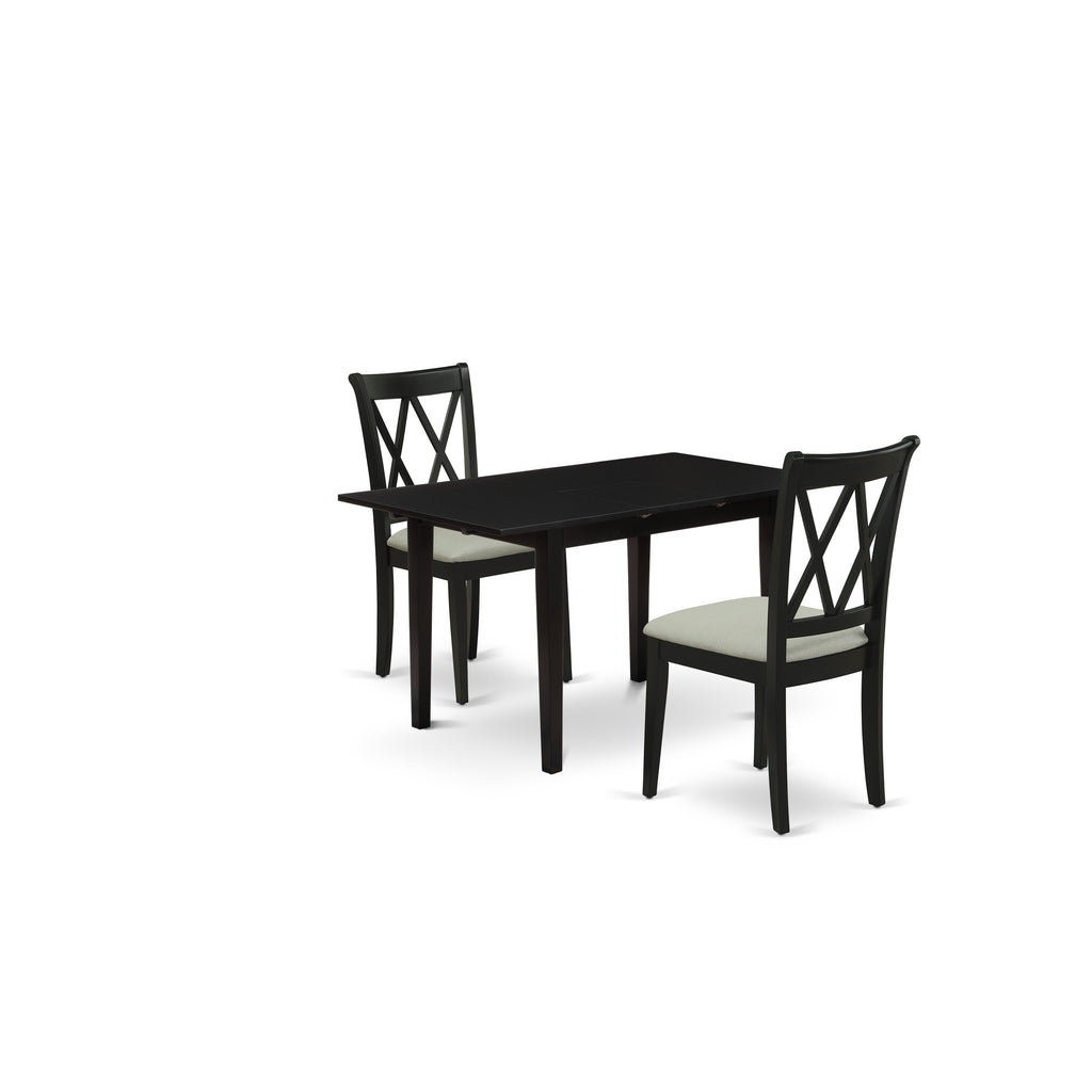 East West Furniture NOCL3-BLK-C 3 Piece Kitchen Table Set Contains a Rectangle Dining Room Table with Butterfly Leaf and 2 Linen Fabric Upholstered Dining Chairs, 32x54 Inch, Black