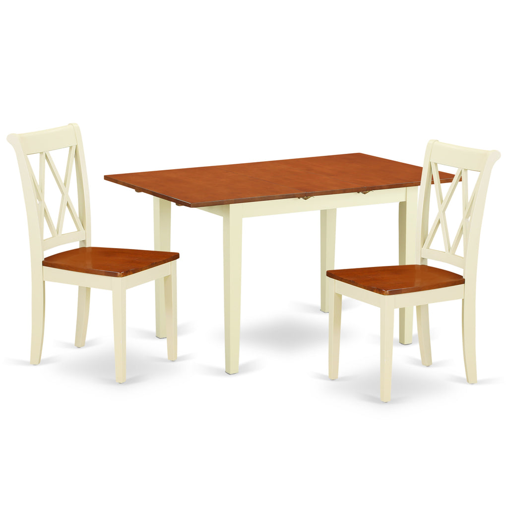 East West Furniture NOCL3-BMK-W 3 Piece Kitchen Table & Chairs Set Contains a Rectangle Dining Table with Butterfly Leaf and 2 Dining Room Chairs, 32x54 Inch, Buttermilk & Cherry