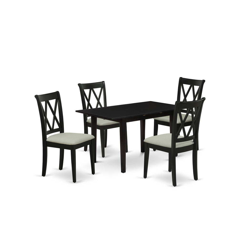East West Furniture NOCL5-BLK-C 5 Piece Dining Table Set for 4 Includes a Rectangle Kitchen Table with Butterfly Leaf and 4 Linen Fabric Kitchen Dining Chairs, 32x54 Inch, Black