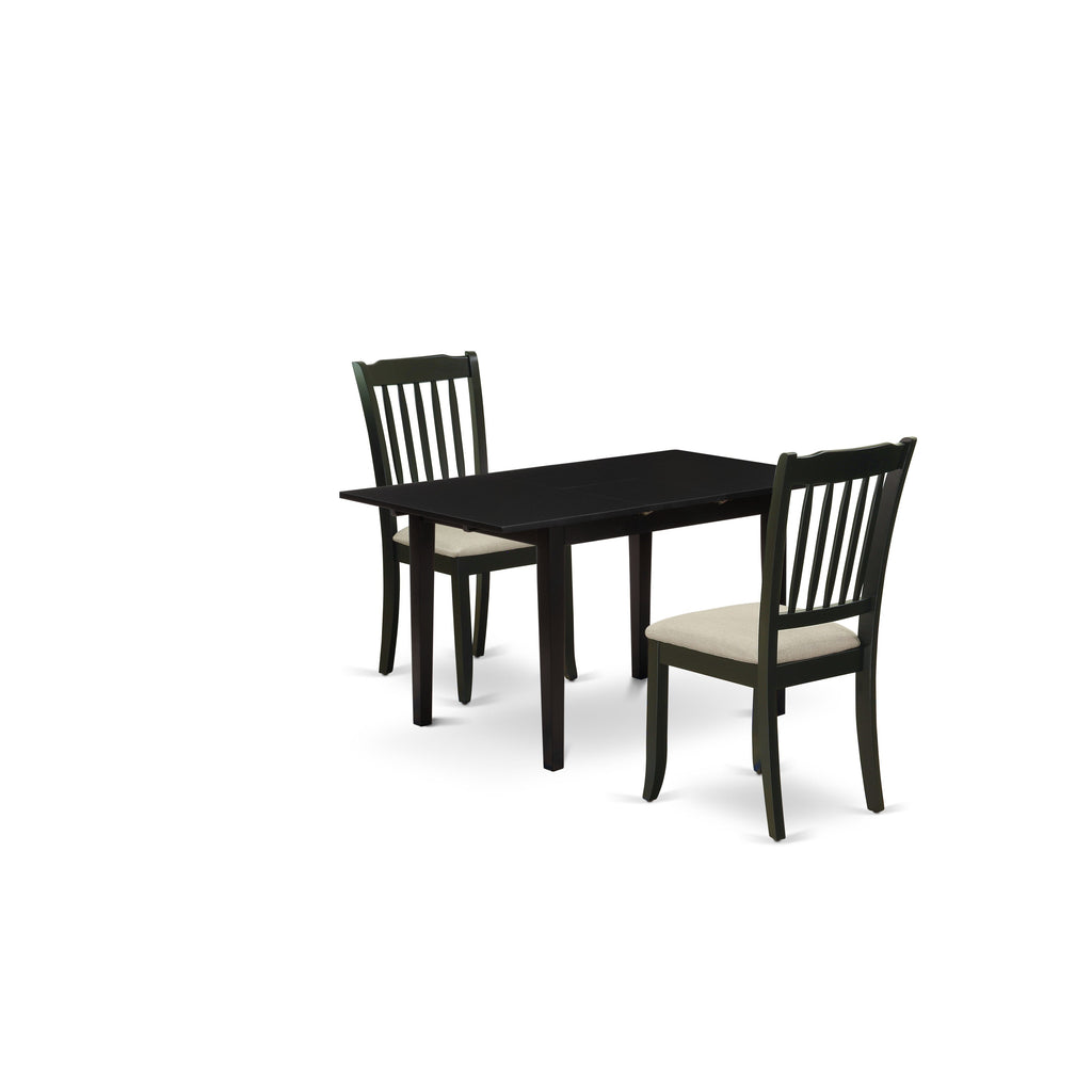 East West Furniture NODA3-BLK-C 3 Piece Dining Room Furniture Set Contains a Rectangle Wooden Table with Butterfly Leaf and 2 Linen Fabric Kitchen Dining Chairs, 32x54 Inch, Black