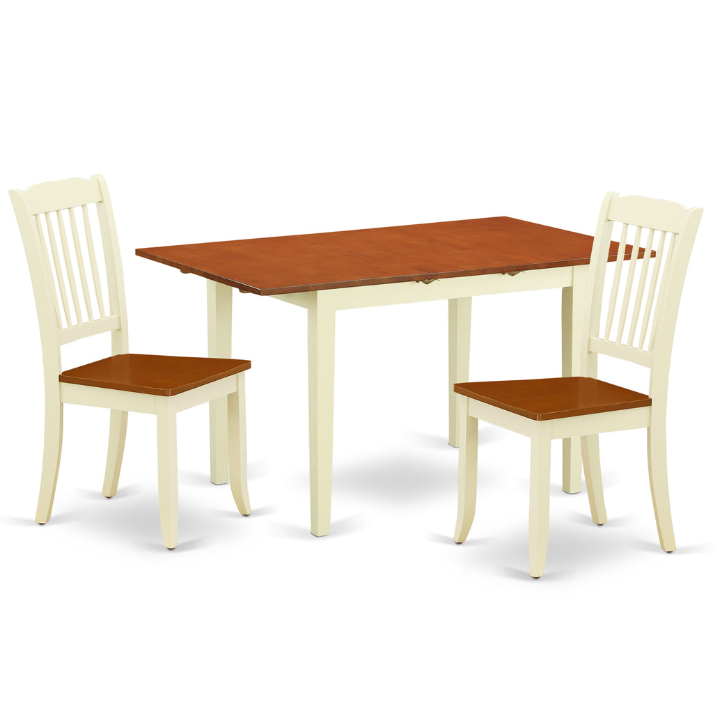 East West Furniture NODA3-BMK-W 3 Piece Kitchen Table & Chairs Set Contains a Rectangle Dining Room Table with Butterfly Leaf and 2 Solid Wood Seat Chairs, 32x54 Inch, Buttermilk & Cherry