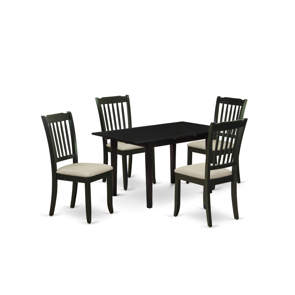 East West Furniture NODA5-BLK-C 5 Piece Dining Room Table Set Includes a Rectangle Kitchen Table with Butterfly Leaf and 4 Linen Fabric Upholstered Dining Chairs, 32x54 Inch, Black