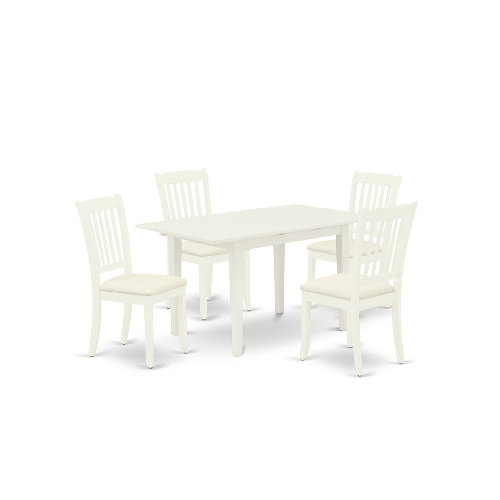 East West Furniture NODA5-LWH-C 5 Piece Kitchen Table & Chairs Set Includes a Rectangle Dining Table with Butterfly Leaf and 4 Linen Fabric Dining Room Chairs, 32x54 Inch, Linen White