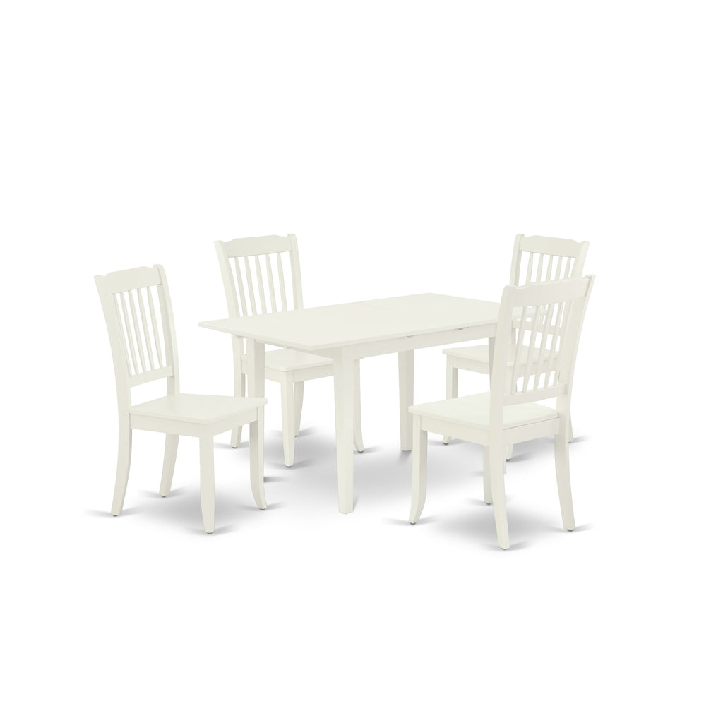 East West Furniture NODA5-LWH-W 5 Piece Modern Dining Table Set Includes a Rectangle Wooden Table with Butterfly Leaf and 4 Dining Chairs, 32x54 Inch, Linen White