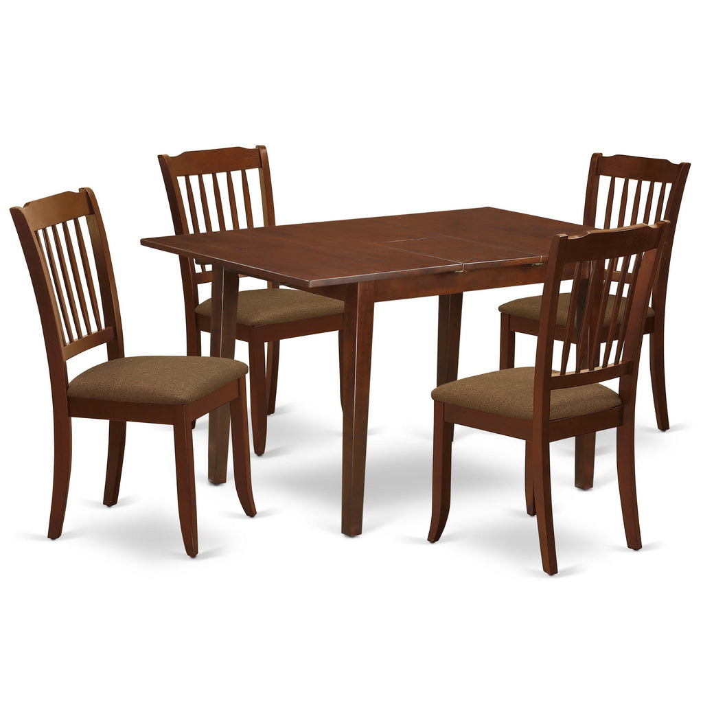 East West Furniture NODA5-MAH-C 5 Piece Dining Table Set for 4 Includes a Rectangle Kitchen Table with Butterfly Leaf and 4 Linen Fabric Kitchen Dining Chairs, 32x54 Inch, Mahogany