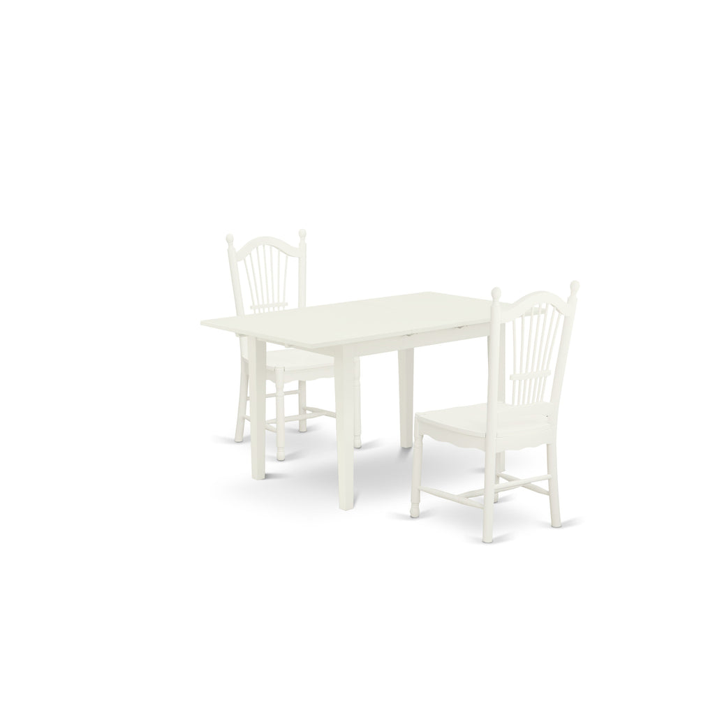 East West Furniture NODO3-LWH-W 3 Piece Dining Set Contains a Rectangle Dining Room Table with Butterfly Leaf and 2 Kitchen Chairs, 32x54 Inch, Linen White