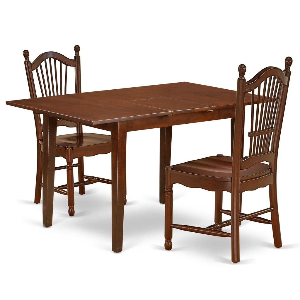 East West Furniture NODO3-MAH-W 3 Piece Kitchen Table Set for Small Spaces Contains a Rectangle Dining Table with Butterfly Leaf and 2 Dining Room Chairs, 32x54 Inch, Mahogany