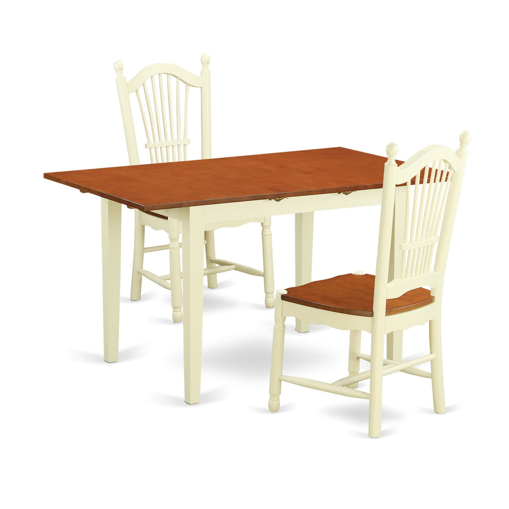 East West Furniture NODO3-WHI-W 3 Piece Dining Room Table Set Contains a Rectangle Kitchen Table with Butterfly Leaf and 2 Dining Chairs, 32x54 Inch, Buttermilk & Cherry