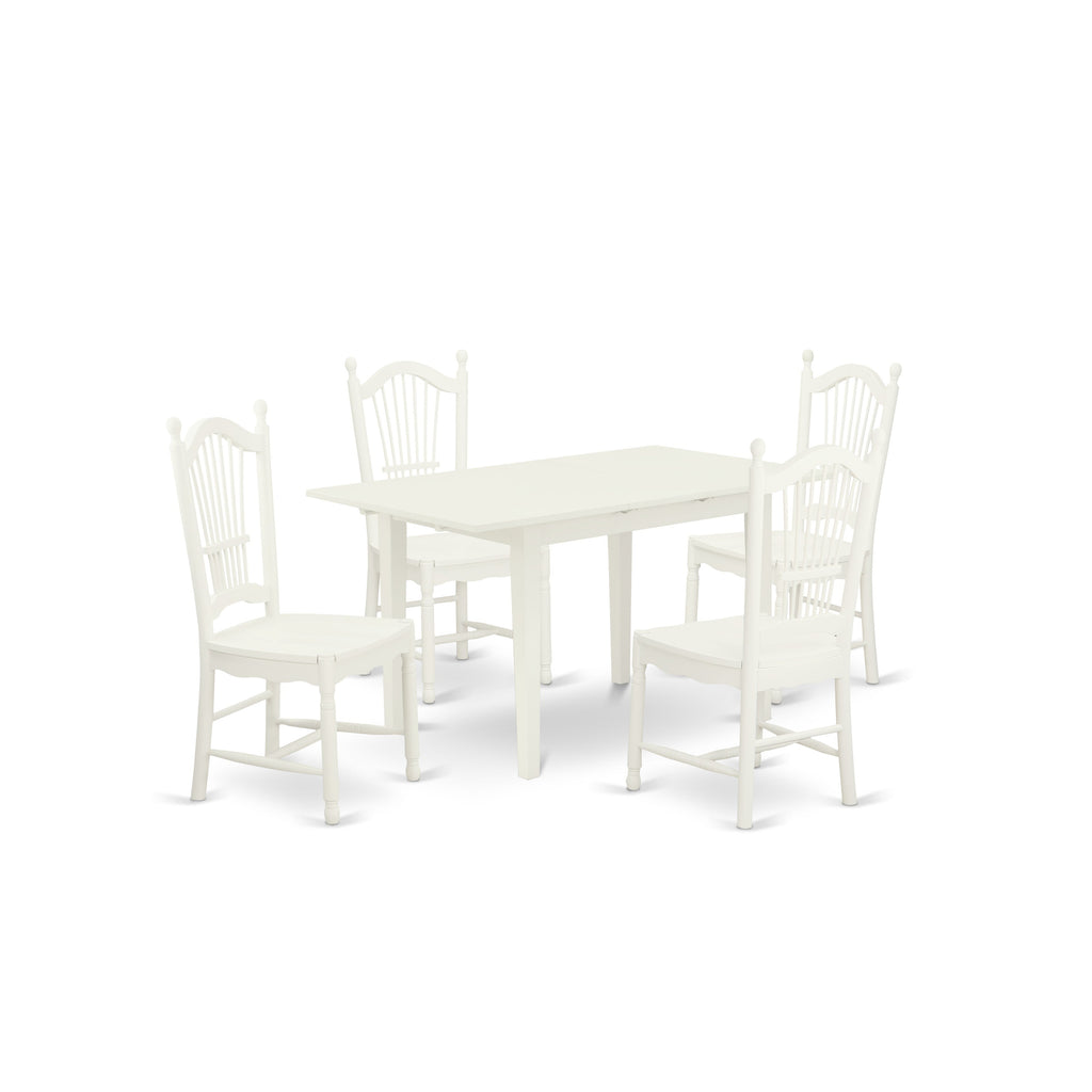 East West Furniture NODO5-LWH-W 5 Piece Modern Dining Table Set Includes a Rectangle Wooden Table with Butterfly Leaf and 4 Dining Room Chairs, 32x54 Inch, Linen White
