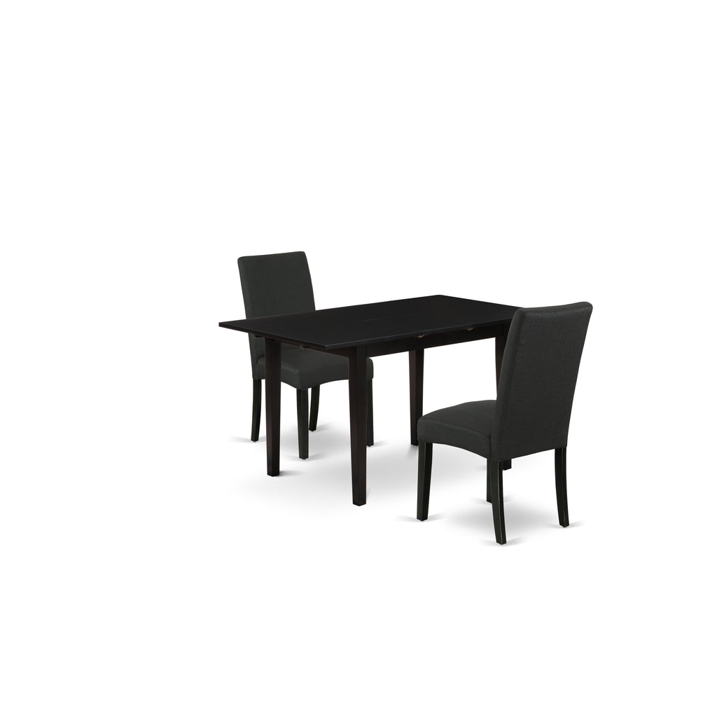 East West Furniture NODR3-BLK-24 3 Piece Modern Dining Table Set Contains a Rectangle Wooden Table with Butterfly Leaf and 2 Black Color Linen Fabric Parson Chairs, 32x54 Inch, Black
