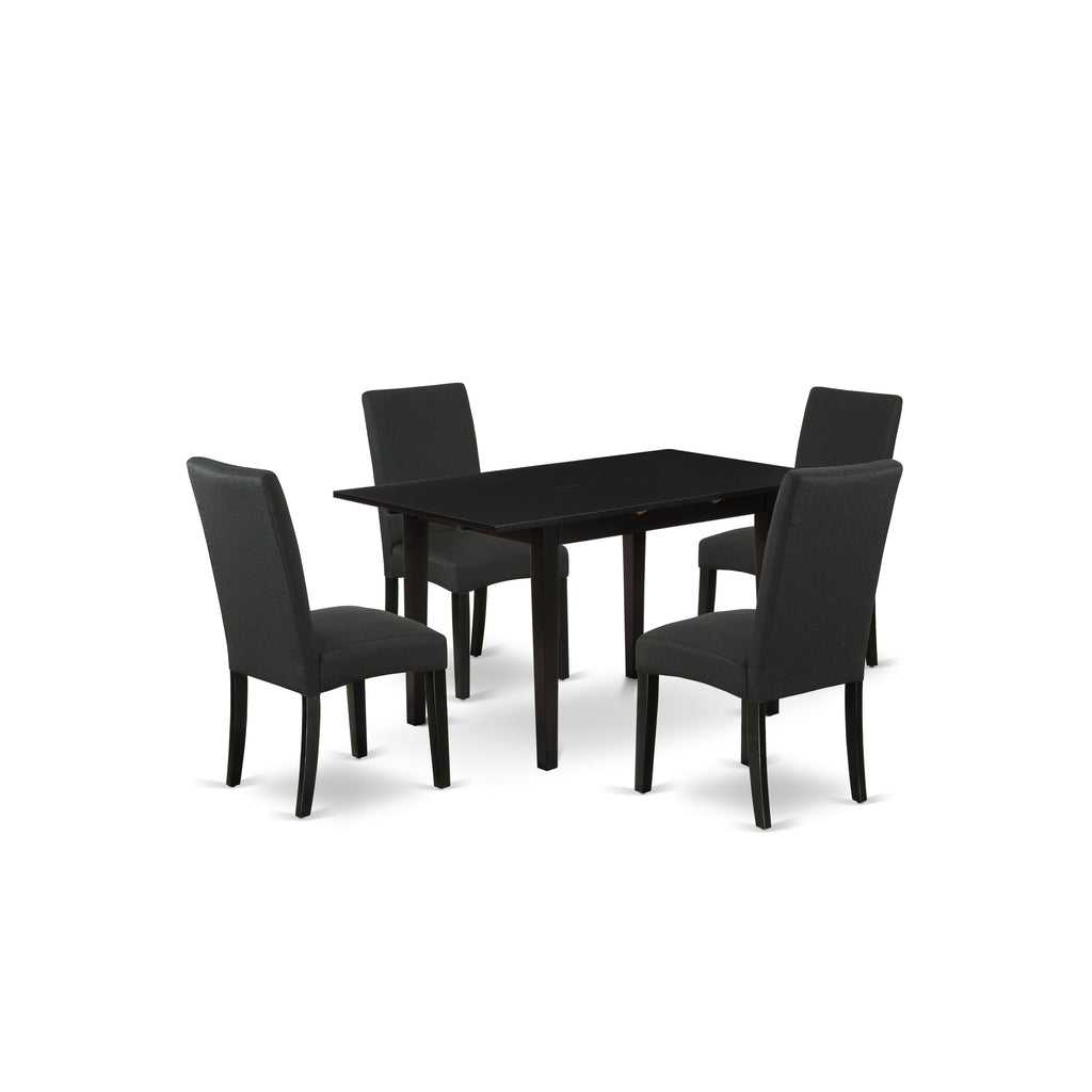 East West Furniture NODR5-BLK-24 5 Piece Dining Table Set Includes a Rectangle Dining Room Table with Butterfly Leaf and 4 Black Color Linen Fabric Parson Chairs, 32x54 Inch, Black