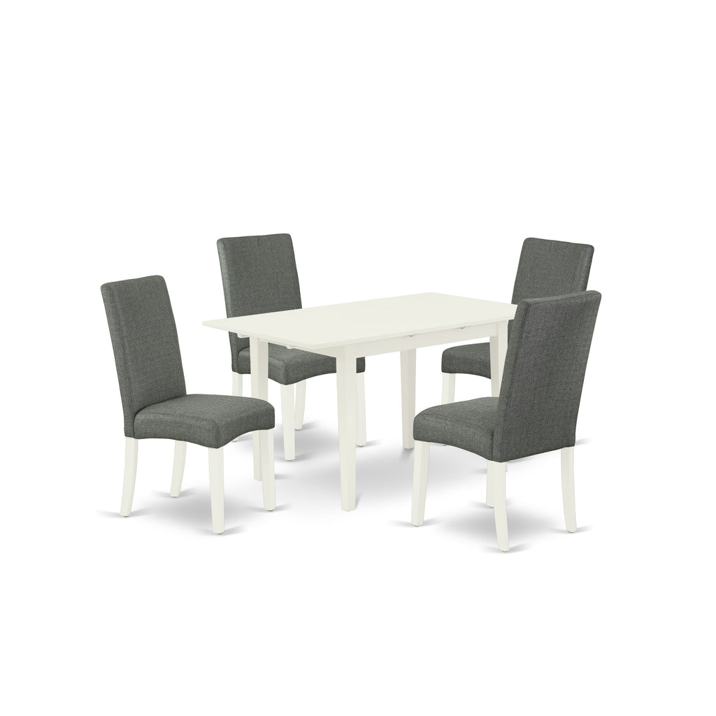 East West Furniture NODR5-LWH-07 5 Piece Dining Room Furniture Set Includes a Rectangle Wooden Table with Butterfly Leaf and 4 Gray Linen Fabric Parson Dining Chairs, 32x54 Inch, Linen White