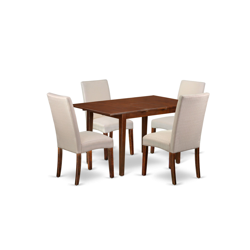 East West Furniture NODR5-MAH-01 5 Piece Dining Table Set for 4 Includes a Rectangle Kitchen Table with Butterfly Leaf and 4 Cream Linen Fabric Parson Chairs, 32x54 Inch, Mahogany