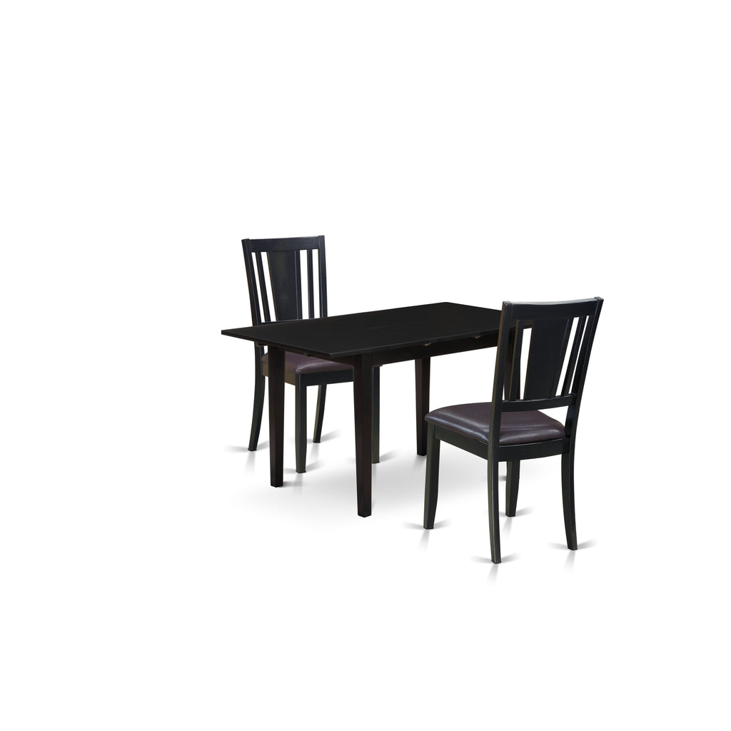 East West Furniture NODU3-BLK-LC 3 Piece Dining Room Furniture Set Contains a Rectangle Wooden Table with Butterfly Leaf and 2 Faux Leather Kitchen Dining Chairs, 32x54 Inch, Black
