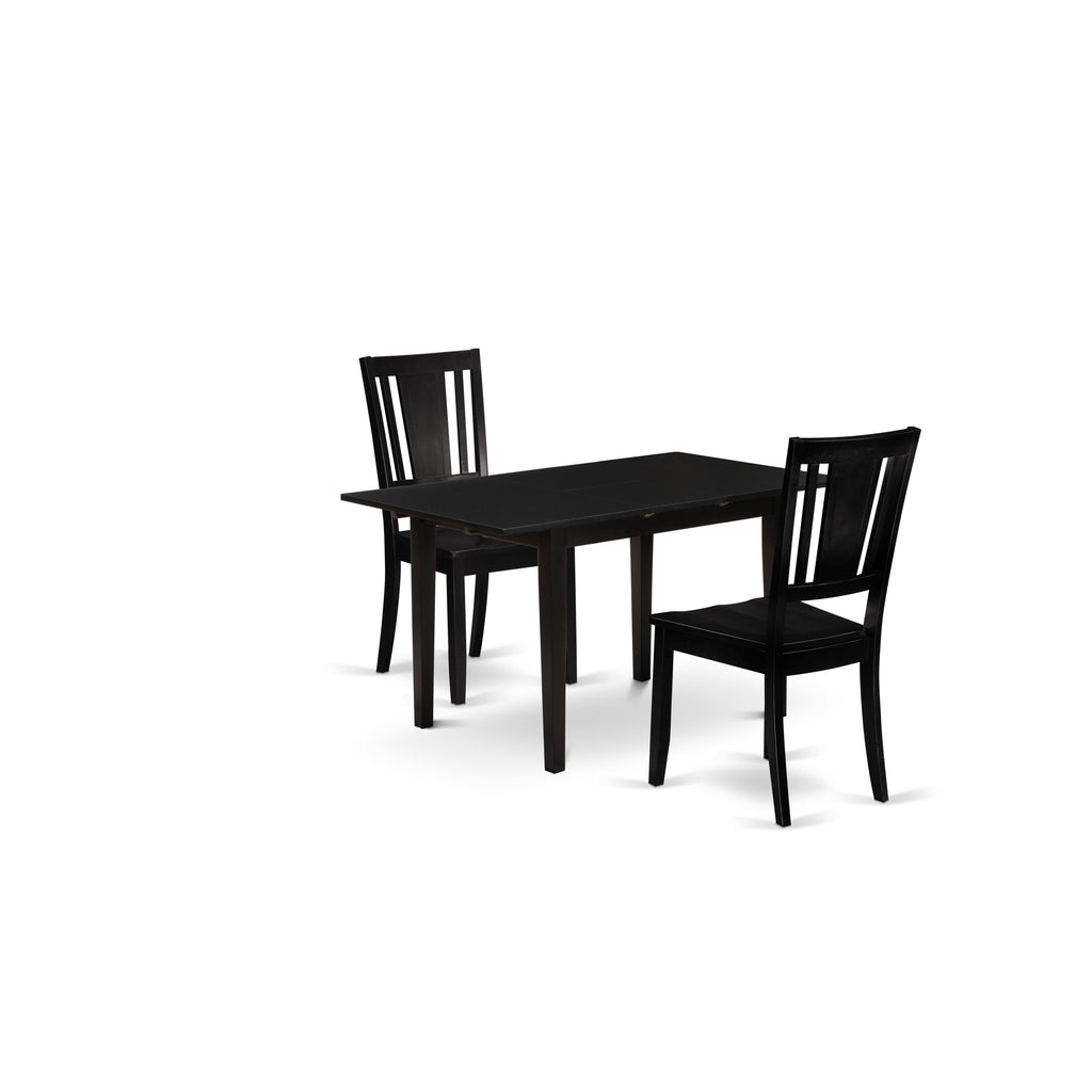 East West Furniture NODU3-BLK-W 3 Piece Dining Room Table Set Contains a Rectangle Kitchen Table with Butterfly Leaf and 2 Dining Chairs, 32x54 Inch, Black