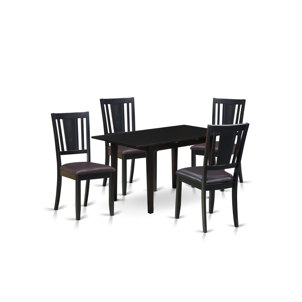 East West Furniture NODU5-BLK-LC 5 Piece Dining Set Includes a Rectangle Dining Table with Butterfly Leaf and 4 Faux Leather Kitchen Room Chairs, 32x54 Inch, Black