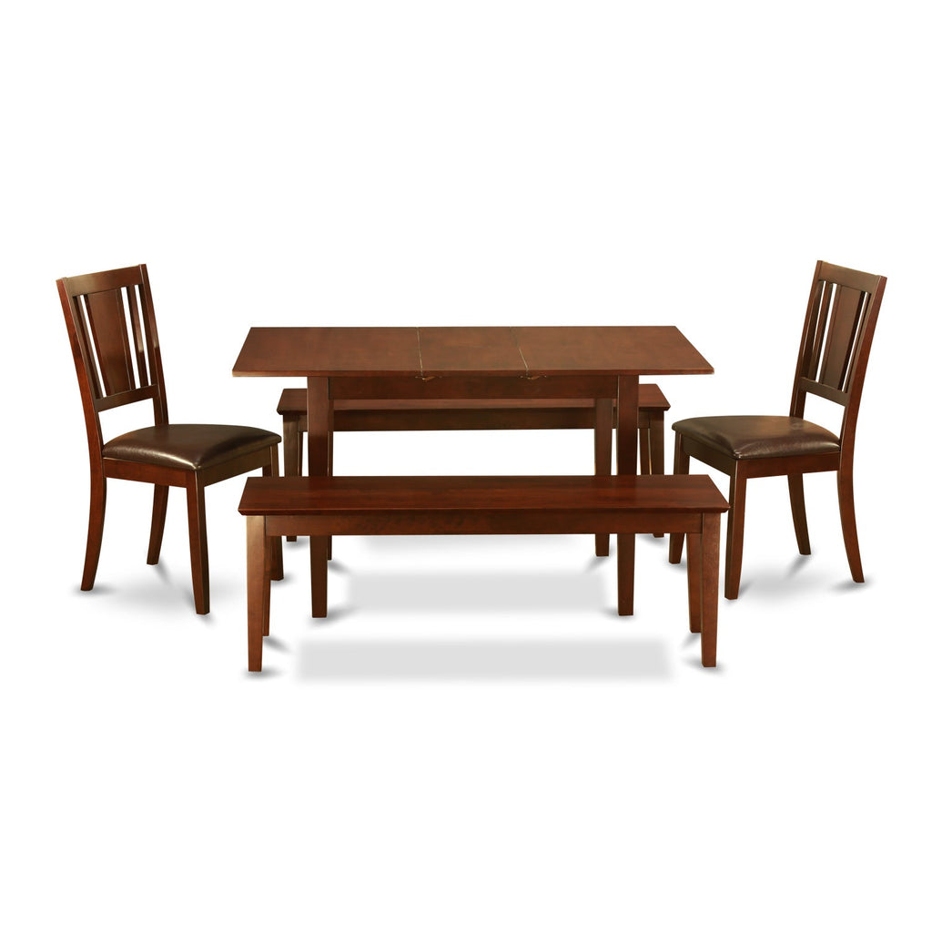 East West Furniture NODU5C-MAH-LC 5 Piece Dining Set Includes a Rectangle Dining Room Table with Butterfly Leaf and 2 Faux Leather Kitchen Chairs with 2 Benches, 32x54 Inch, Mahogany