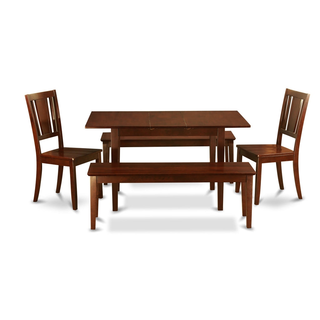 East West Furniture NODU5C-MAH-W 5 Piece Dining Set Includes a Rectangle Dining Room Table with Butterfly Leaf and 2 Kitchen Chairs with 2 Benches, 32x54 Inch, Mahogany