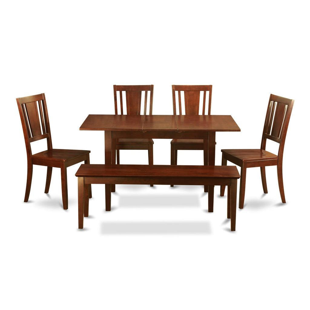East West Furniture NODU6C-MAH-W 6 Piece Dining Set Contains a Rectangle Dining Room Table with Butterfly Leaf and 4 Kitchen Chairs with a Bench, 32x54 Inch, Mahogany