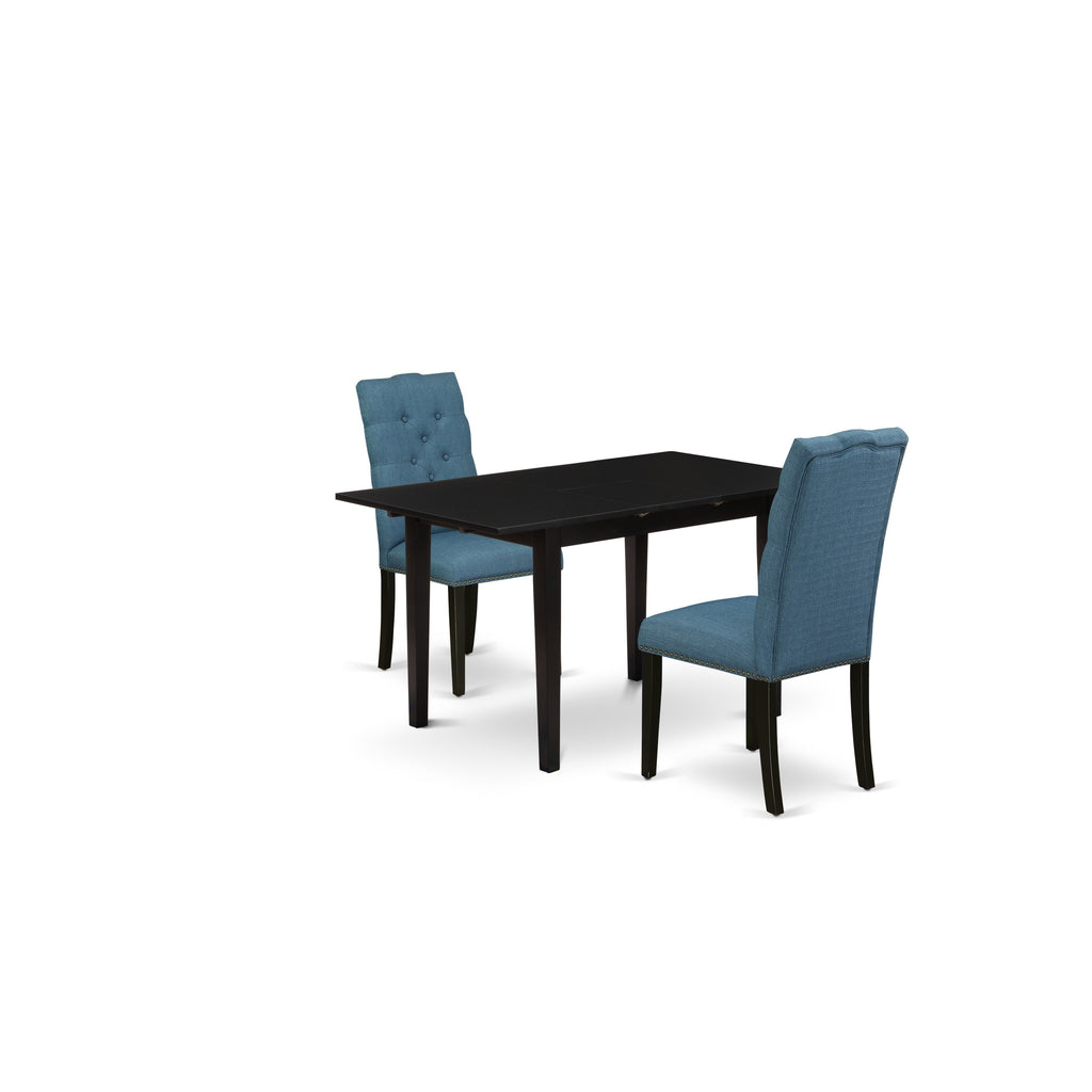 East West Furniture NOEL3-BLK-21 3 Piece Kitchen Table & Chairs Set Contains a Rectangle Dining Room Table with Butterfly Leaf and 2 Blue Linen Fabric Parsons Chairs, 32x54 Inch, Black