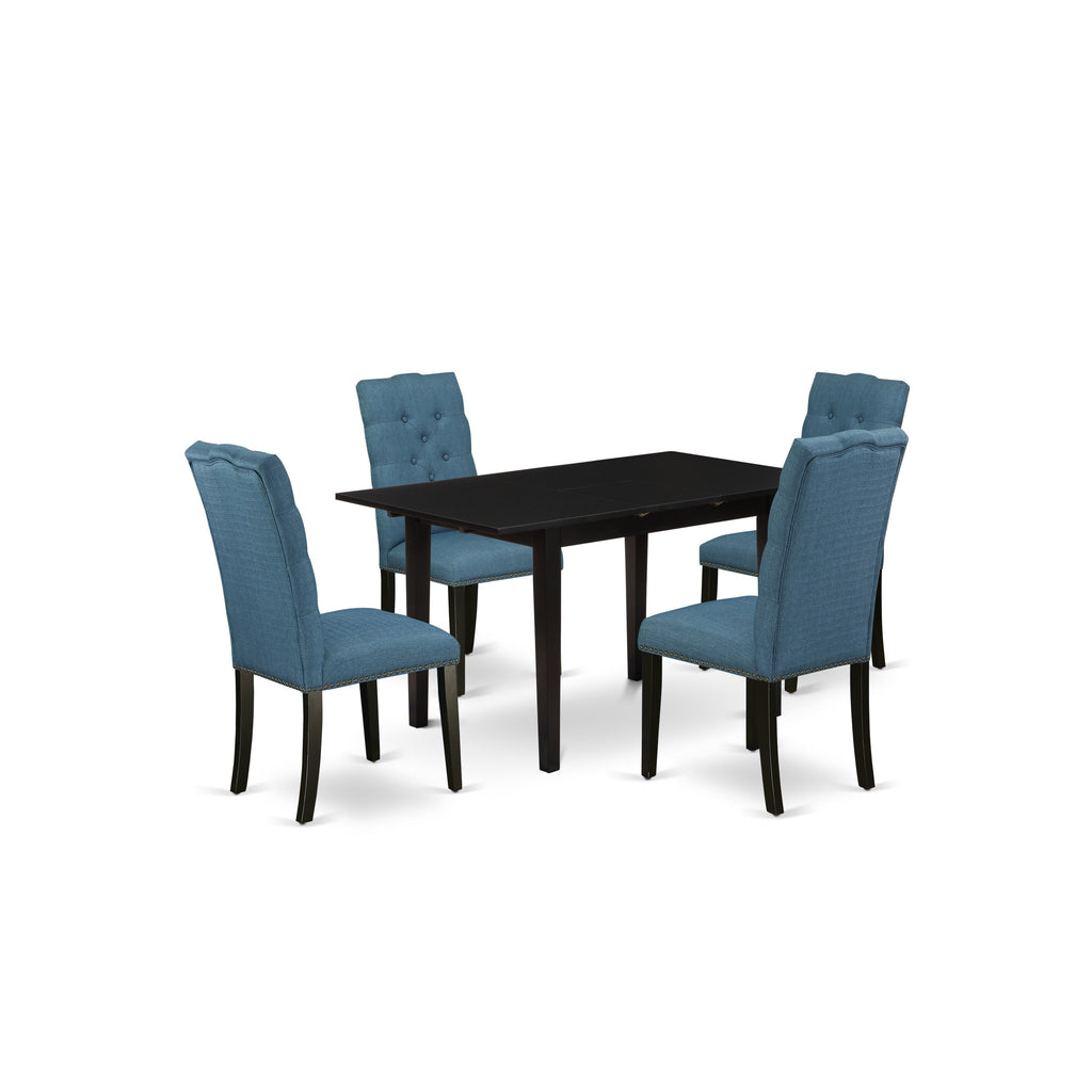 East West Furniture NOEL5-BLK-21 5 Piece Dining Table Set Includes a Rectangle Dining Room Table with Butterfly Leaf and 4 Blue Linen Fabric Upholstered Chairs, 32x54 Inch, Black
