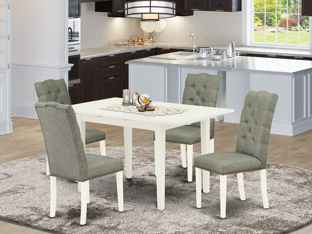 East West Furniture NOEL5-LWH-07 5 Piece Dinette Set Includes a Rectangle Dining Table with Butterfly Leaf and 4 Gray Linen Fabric Parson Dining Room Chairs, 32x54 Inch, Linen White