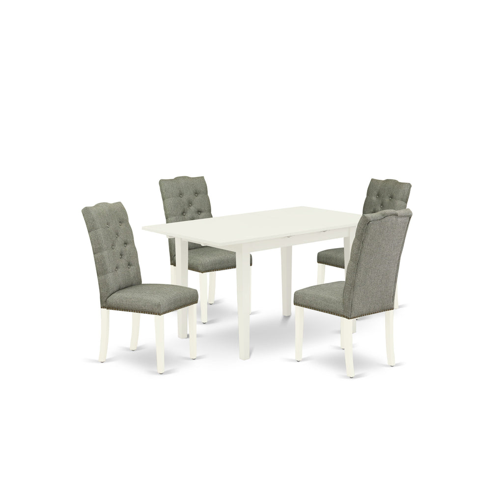 East West Furniture NOEL5-LWH-07 5 Piece Dinette Set Includes a Rectangle Dining Table with Butterfly Leaf and 4 Gray Linen Fabric Parson Dining Room Chairs, 32x54 Inch, Linen White