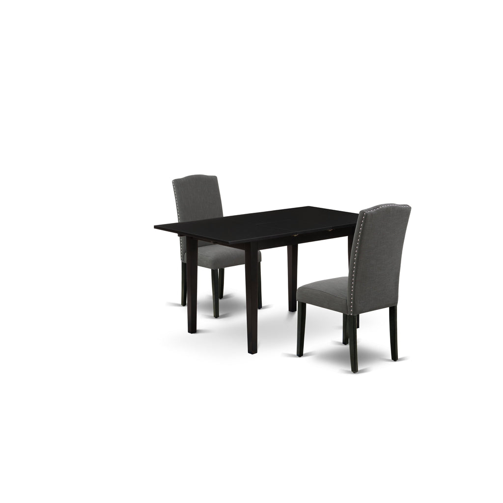 East West Furniture NOEN3-BLK-20 3 Piece Kitchen Table Set Contains a Rectangle Dining Room Table with Butterfly Leaf and 2 Dark Gotham Linen Fabric Parsons Chairs, 32x54 Inch, Black