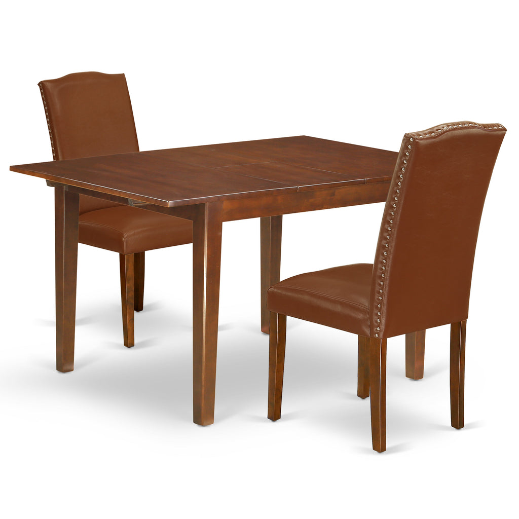 East West Furniture NOEN3-MAH-66 3 Piece Kitchen Table Set Contains a Rectangle Dining Table with Butterfly leaf and 2 Brown Faux Faux Leather Upholstered Chairs, 32x54 Inch, Mahogany