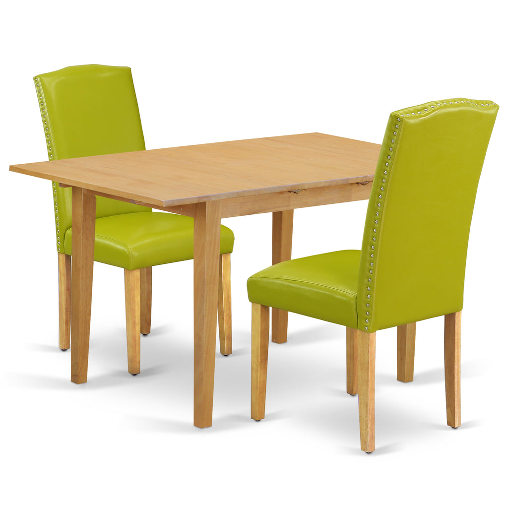 East West Furniture NOEN3-OAK-51 3 Piece Dining Room Table Set Contains a Rectangle Kitchen Table with Butterfly Leaf and 2 Autumn Green Faux Leather Parsons Chairs, 32x54 Inch, Oak