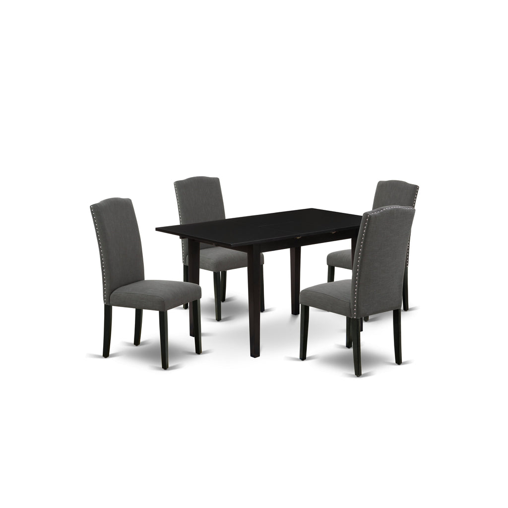 East West Furniture NOEN5-BLK-20 5 Piece Dinette Set Includes a Rectangle Dining Room Table with Butterfly Leaf and 4 Dark Gotham Linen Fabric Parson Dining Chairs, 32x54 Inch, Black